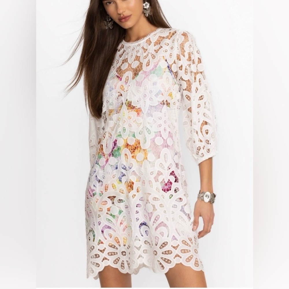 Johnny Was Womens  Lisetta Lace Mini Dress White Size Medium Boho Feminine